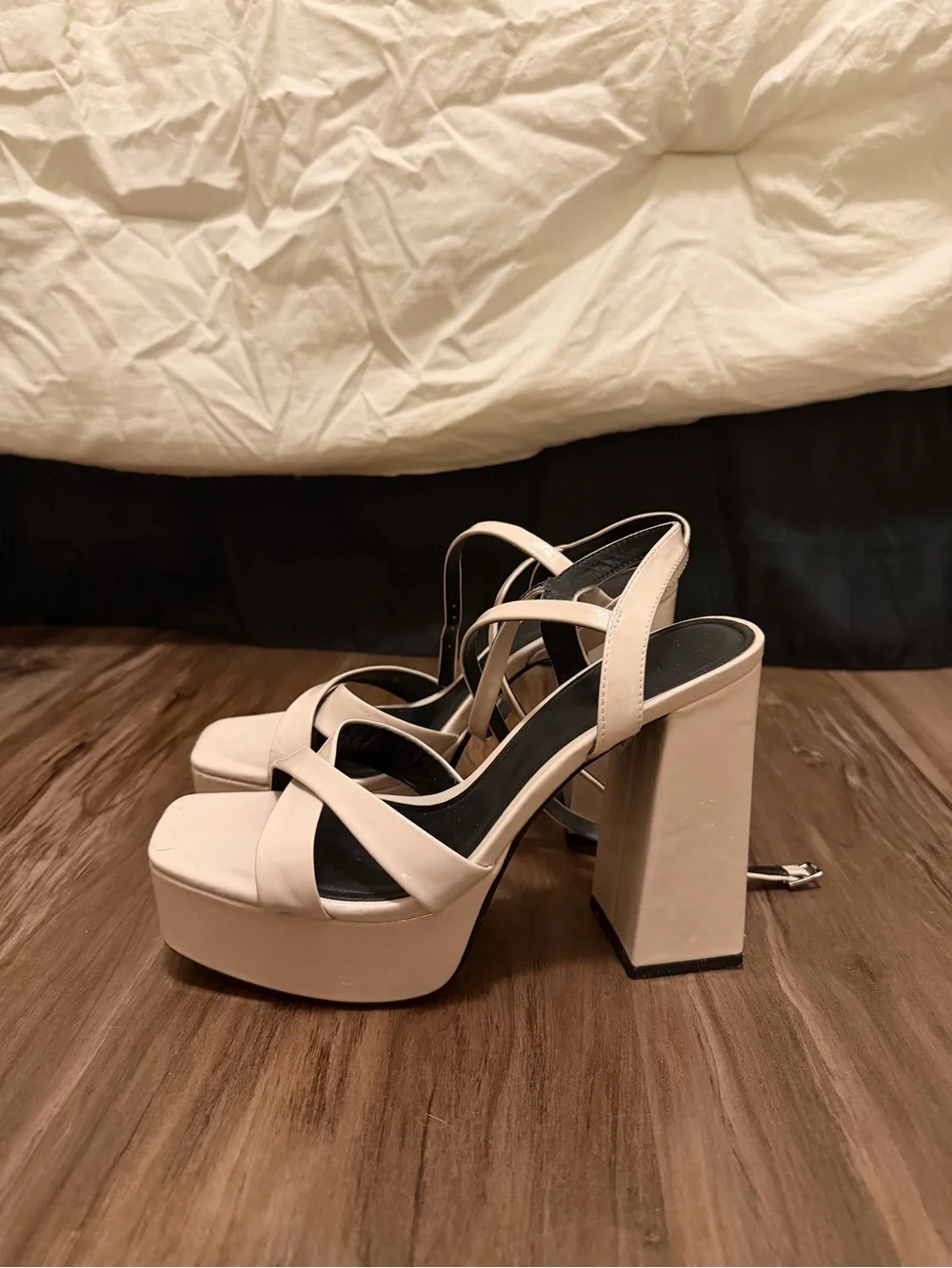 Zara Cream Patent Platform Block Heel Sandals